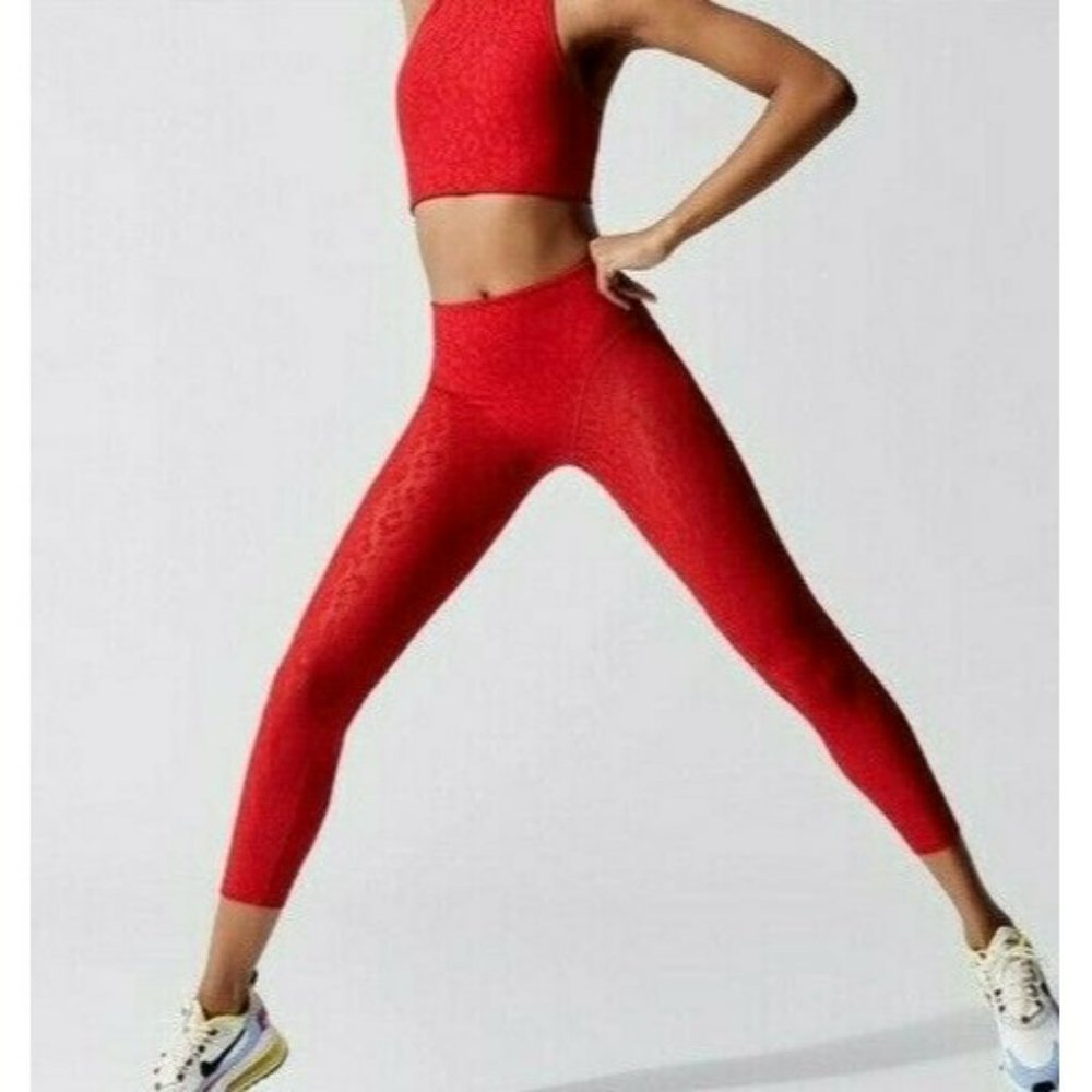 Adam Selman Red Perforated Leopard High Rise Sheer French Cut Leggings